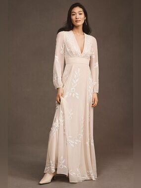 BHLDN Belize Embroidered A-Line Long-Sleeve V-Neck Gown